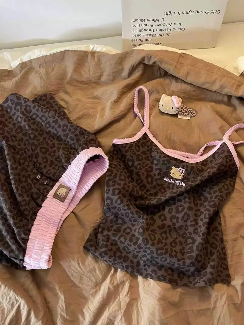 Hello Kitty Women's Leopard Print Camisole & Shorts Pajama Set Summer Cute Sweet Soft Comfy Breathable Home Loungewear