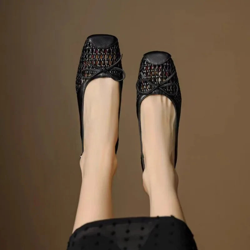 Retro leather square-toe woven high-heeled sandals, 2025 summer fashionable breathable single-buckle thick-heeled women's shoes