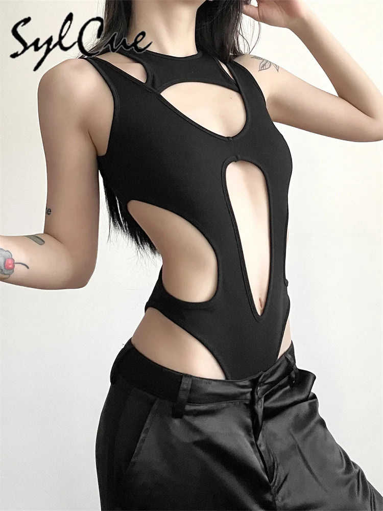 Sylcue Black Mysterious Sexy Hot Nightclub Hollow All-Match Cool Trendy Personality Mature Beautiful Open Women's Tight Jumpsuit