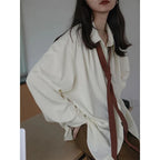Korean Style Minimalist Oversized Blouse Women Long Sleeve Button Down Shirt with Detachable Tie for Office Casual Wear