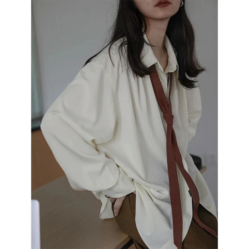 Korean Style Minimalist Oversized Blouse Women Long Sleeve Button Down Shirt with Detachable Tie for Office Casual Wear