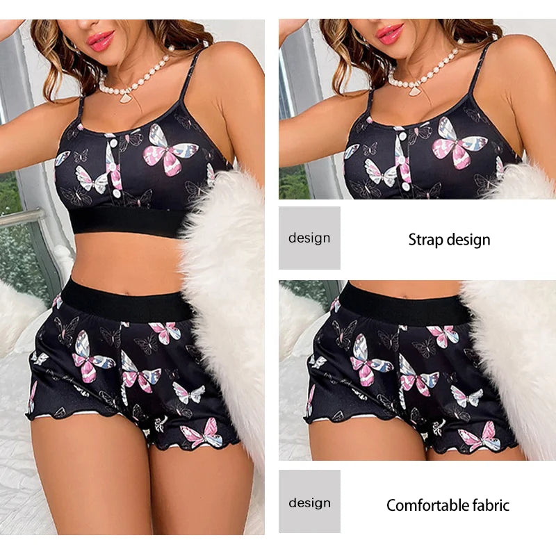 Summer Butterfly Print Sleeveless Pajama Set Sexy Camisole Shorts Homewear for Women Comfortable Elastic Sleepwear Set