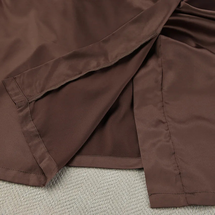 Elegant Brown Satin Nightgown 3 Piece Fashion Crop Top Vest Long Sleeve Robe With Wide Leg Shorts Home Ruffles Pajama 2026