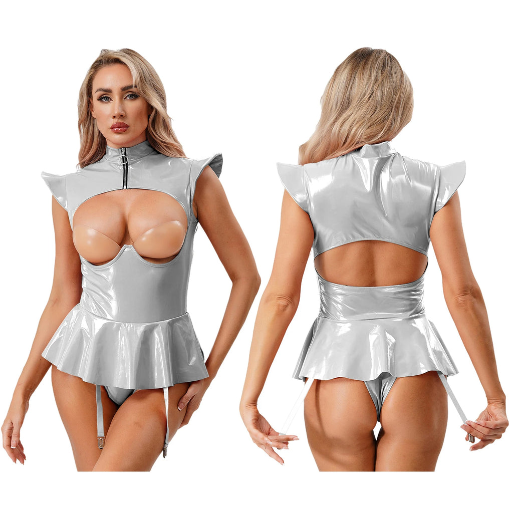 Women Lingerie PU Leather Tempting Bodysuit Breast Hollow Out Underwire Teddies Ruffled Hem Garters Jumpsuit Erotic Nightwear