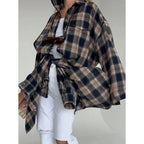 Fashion Baggy Plaid Women'S Blouse Elegant Lapel Long Sleeve Shirts And Blouses Vintage Pocket Lace-Up Top Female 2025