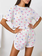 Women Pajamas Set Women's Pajamas Hollow Breathable Printing Sexy Split Shorts Crew Neck Top Set Loungewear Home Comfort