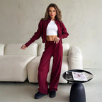 Zipper Front Knitted Long Sve Wide Leg Pants Two Piece Set for Women Autumn Winter Pure Color Faion Ensemble
