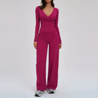 2PCS Gym Tracksuits Yoga Set Female Fitness Suit Deep V Yoga Bra Athletic Wear Women High Waist Workout Flared pants Sports Suit