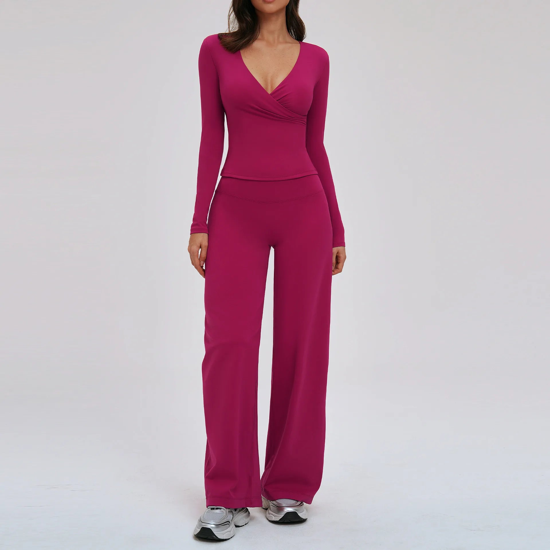 2PCS Gym Tracksuits Yoga Set Female Fitness Suit Deep V Yoga Bra Athletic Wear Women High Waist Workout Flared pants Sports Suit