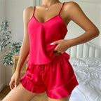 Summer Imitation Silk Nightgown Women's Sexy Silk Satin Ruffled Pajamas Sets Sling Shorts Sleepwear Home Suit