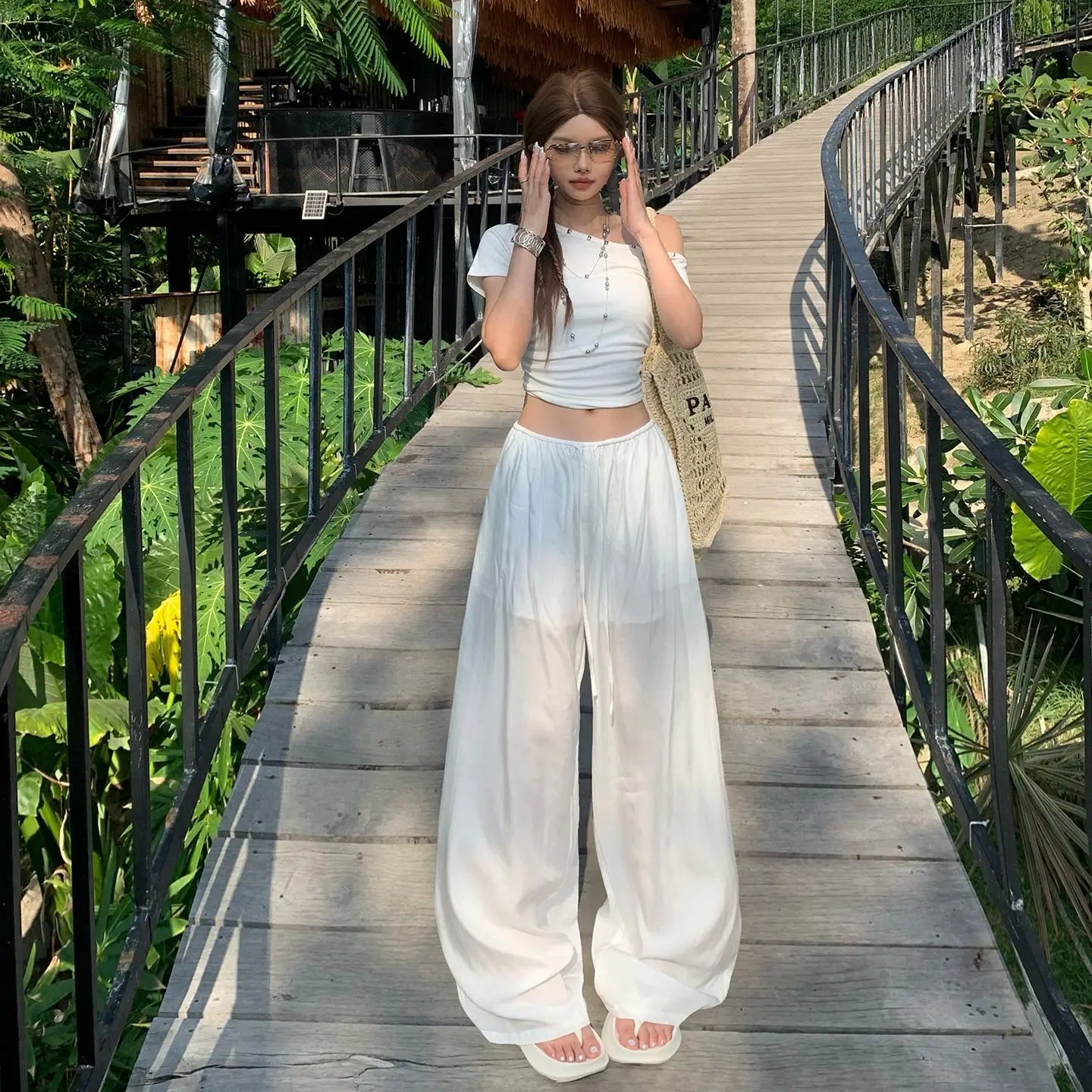 Loose wide-leg pants with elastic waist and drawstring, drapey and versatile, cool summer straight-leg casual pants