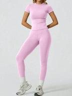 2 Piece Yoga Set Women Short Sleeve Top High Waist Leggings Gym Workout Clothing Tummy Control Fitness Sportswear Activewear Sui