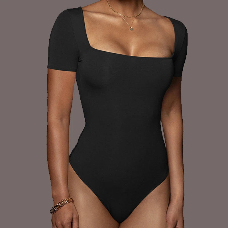 Short Sleeve Bodysuits Summer Square-Cut Collar Solid Bodycon Elastic Romper Sexy Y2k Women Clothing Fashion Club Party 2521