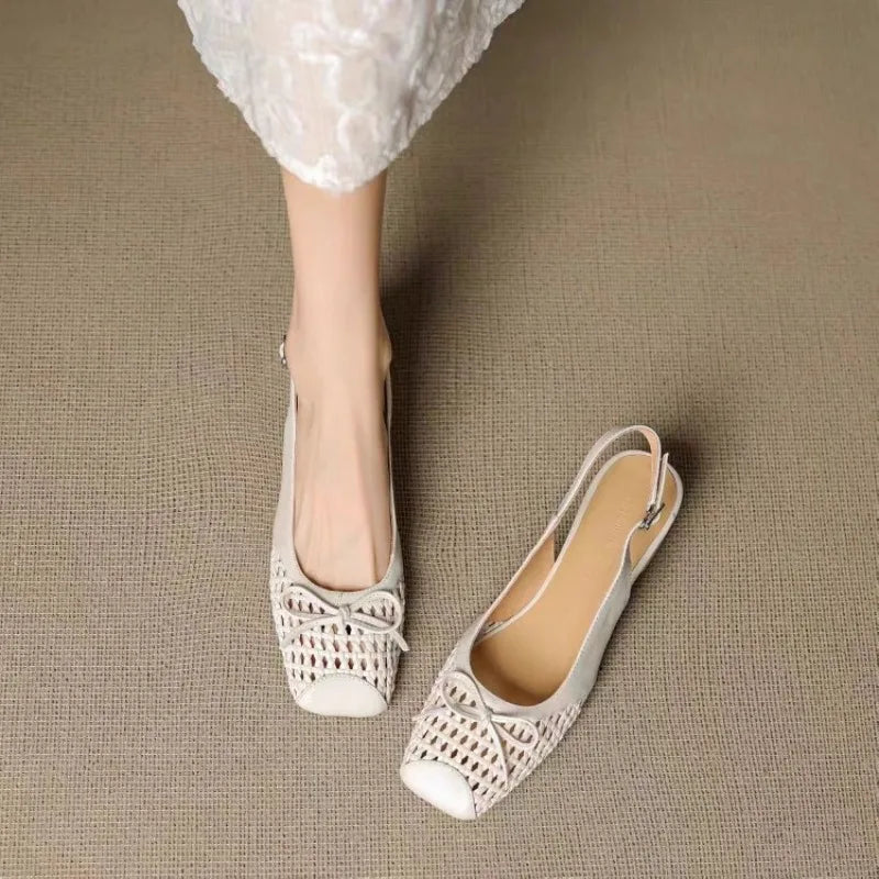 Retro leather square-toe woven high-heeled sandals, 2025 summer fashionable breathable single-buckle thick-heeled women's shoes