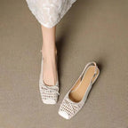 Retro leather square-toe woven high-heeled sandals, 2025 summer fashionable breathable single-buckle thick-heeled women's shoes