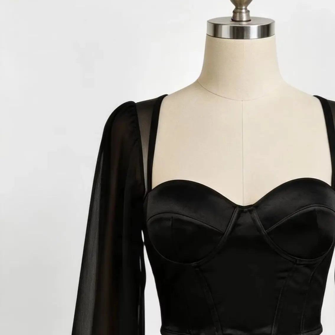 Sheer Mesh Bustier Top Women's Puff Sleeve Spaghetti Strap Corset Women Form Fitting Underwire Cropped Top