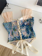 SINGREINY American Retro Print Evening Camisole Female Strap Lace Spliced Slim Top 2025 Streetwear Floral Vintage Beach Tank Top