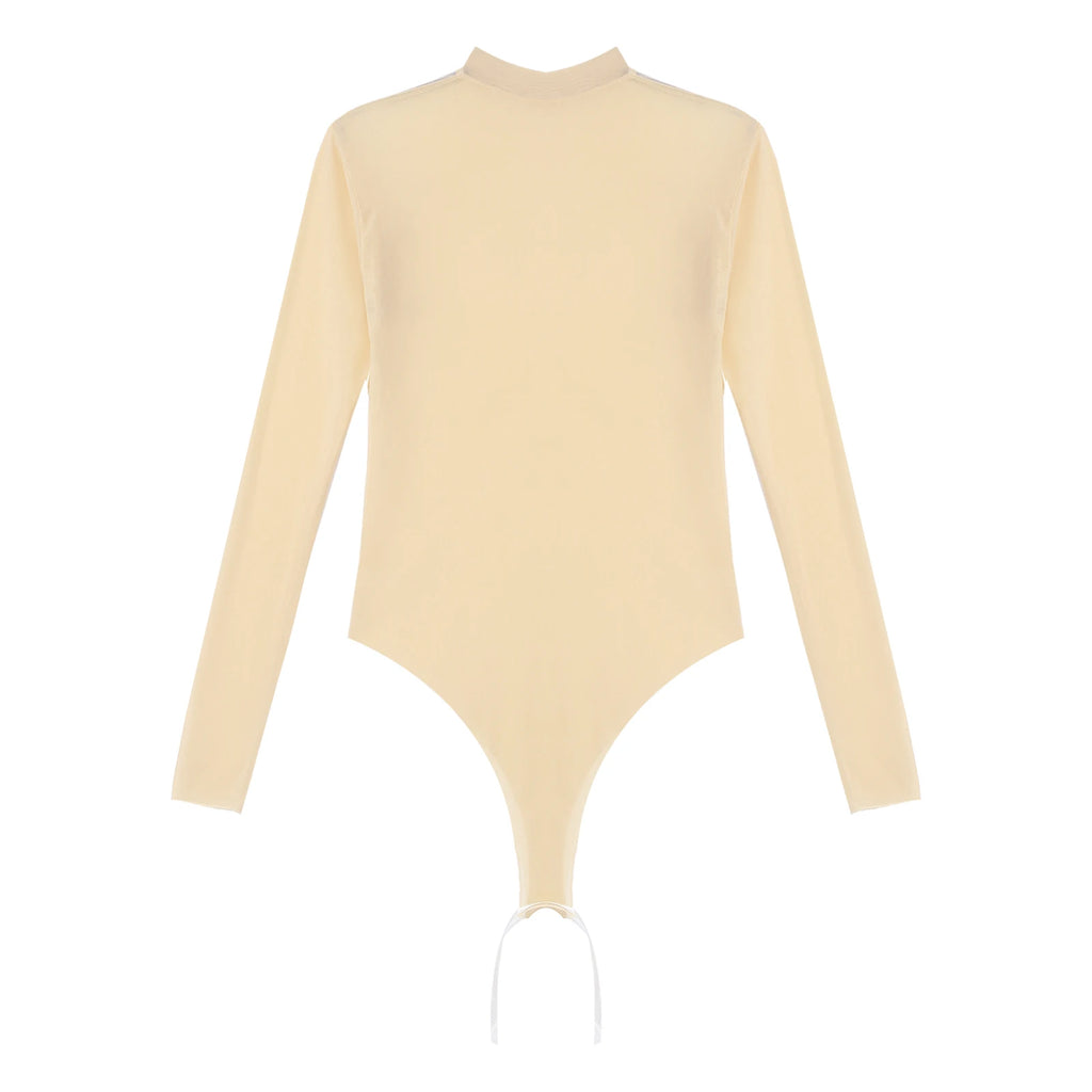 Womens Girls Fashion See-through Long Sleeve Bodysuit Lingerie Nightwear Crew Neck High Cut Leotard for Dating Nightclub Teddies
