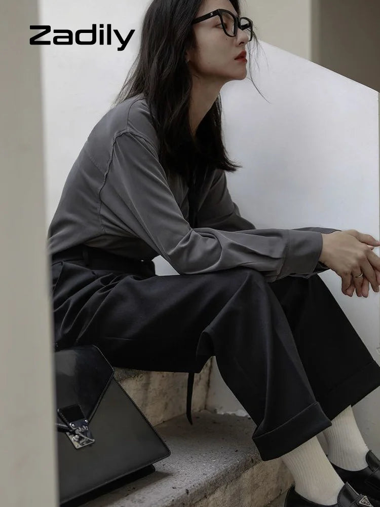 Korean Style Minimalist Oversized Blouse Women Long Sleeve Button Down Shirt with Detachable Tie for Office Casual Wear