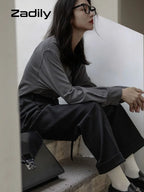 Korean Style Minimalist Oversized Blouse Women Long Sleeve Button Down Shirt with Detachable Tie for Office Casual Wear