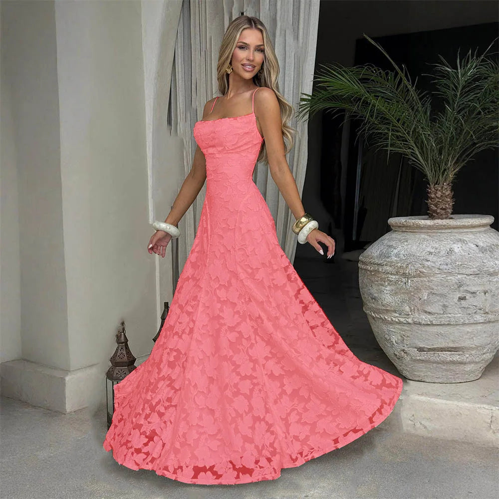 Jacquard Chiffon Long Dress Women's Backless Bandage Dresses Summer Evening Wedding Guest Green White Burgundy Pink Graduation