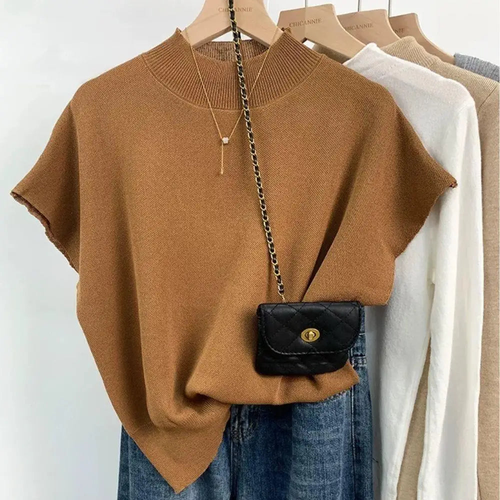 Fashion Vest Shirt Solid Stand-up Collar Knitted Women's Sweater Short Sleeve Office Lady Blouse Elegant All-Match Straight Tops