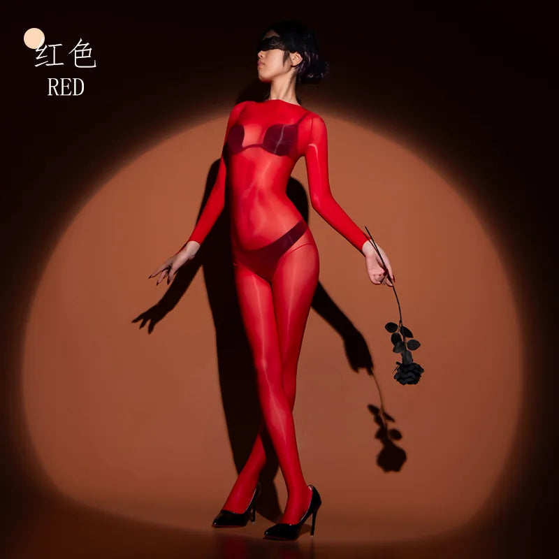 Oil Shiny Bodysuits Five Fingers Women Men Unisex Sexy Lingerie Transparent Seamless Bodysuit Thin Exotic Teddies Tight Stocking