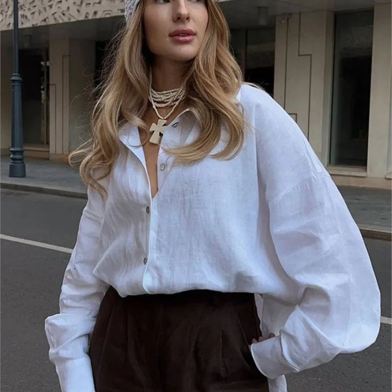We.Fine Women's Shirt Elegant Long Sleeve Blouse Spring Vintage Basic Top Collar Cotton Shirt for Women