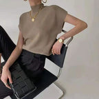 Fashion Vest Shirt Solid Stand-up Collar Knitted Women's Sweater Short Sleeve Office Lady Blouse Elegant All-Match Straight Tops