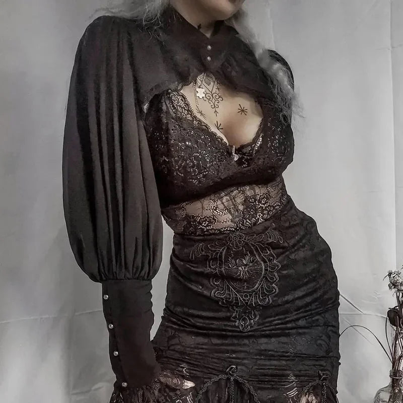 Lace Gothic Black Short Steampunk Crop Jacket Kawaii Vintage Gorgeous Palace Blouse Women Party Bolero Victorian Coat Corset