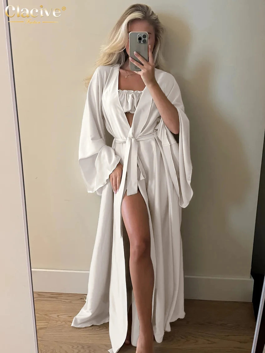 Clacive Fashion Loose Beige Satin 3 Piece Sets Woman 2025 Elegant Long Sleeve Robes + Tube Top With High Waist Shorts Set Female
