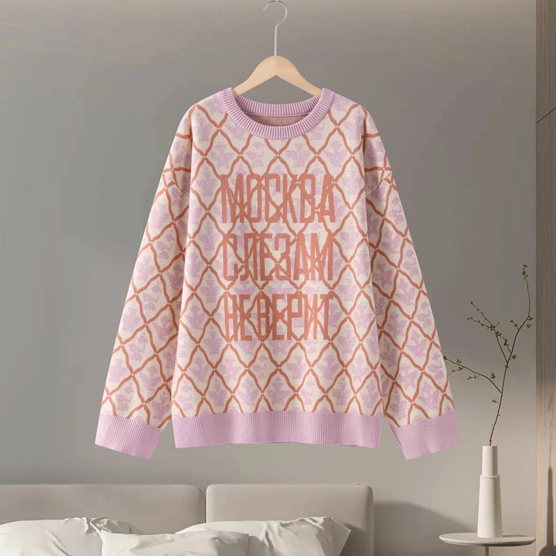 Fashion Letter Jacquard Knit Pullover Women Oversize Long Sleeve O-neck Classic Sweater 2026 Spring New Lady Casual Outerwear