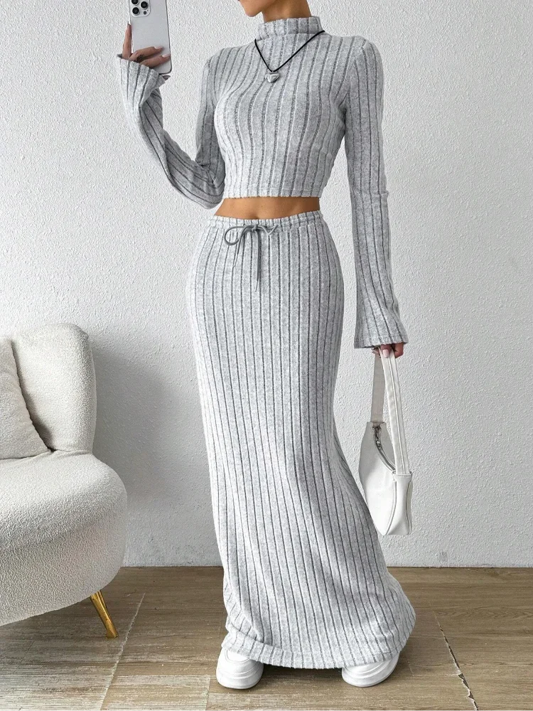 Casual Solid Exposed Navel Knitted Pants Set Women Fashion Spring Stand Collar Long Sleeved Top Lady Fashion Daily Casual Sets
