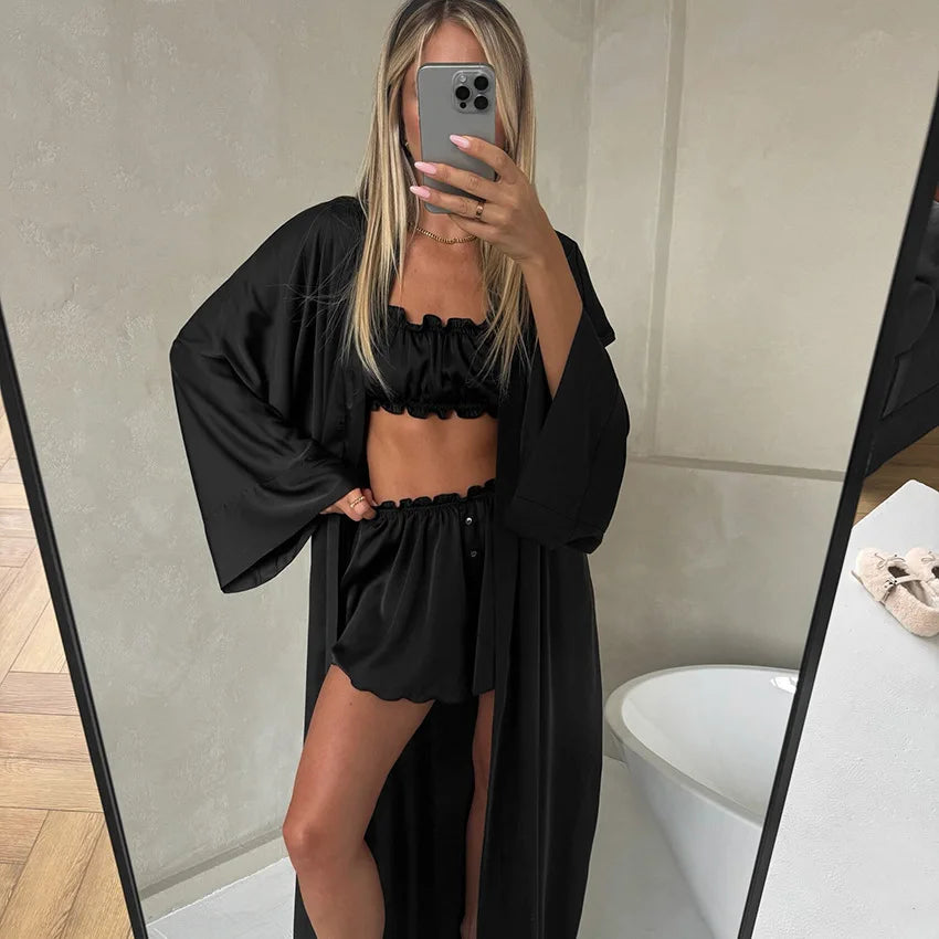 Elegant Brown Satin Nightgown 3 Piece Fashion Crop Top Vest Long Sleeve Robe With Wide Leg Shorts Home Ruffles Pajama 2026