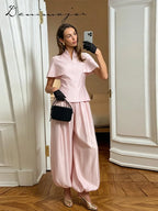 Fashion V-Neck Top Lantern Pants Set Women's Solid Short Sleeve Tops Loose Wide Leg Trousers 2026 Summer Lady Casual Outfit