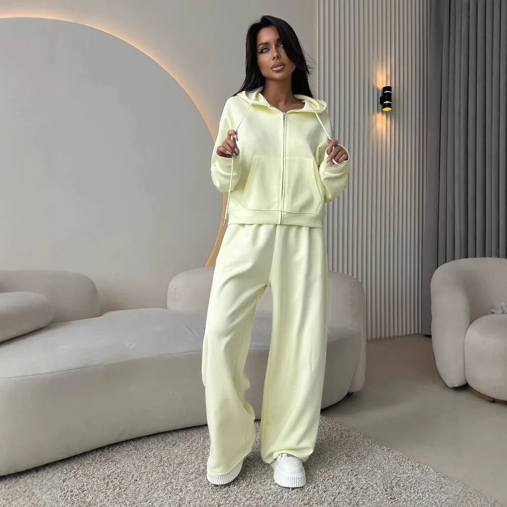 Women's Matching Sets Solid Color Sports Suit Long-sleeved Zipper Cardigan Hooded Sweater Lace-up Trousers Two-piece Set