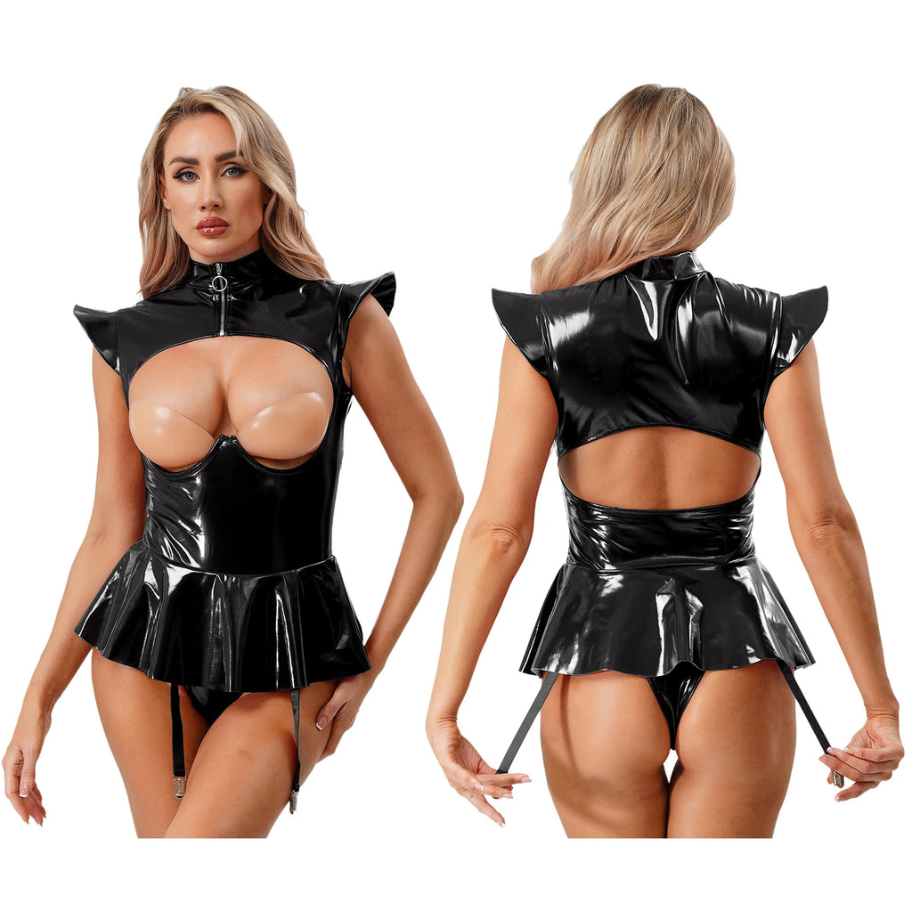Women Lingerie PU Leather Tempting Bodysuit Breast Hollow Out Underwire Teddies Ruffled Hem Garters Jumpsuit Erotic Nightwear
