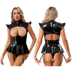 Women Lingerie PU Leather Tempting Bodysuit Breast Hollow Out Underwire Teddies Ruffled Hem Garters Jumpsuit Erotic Nightwear