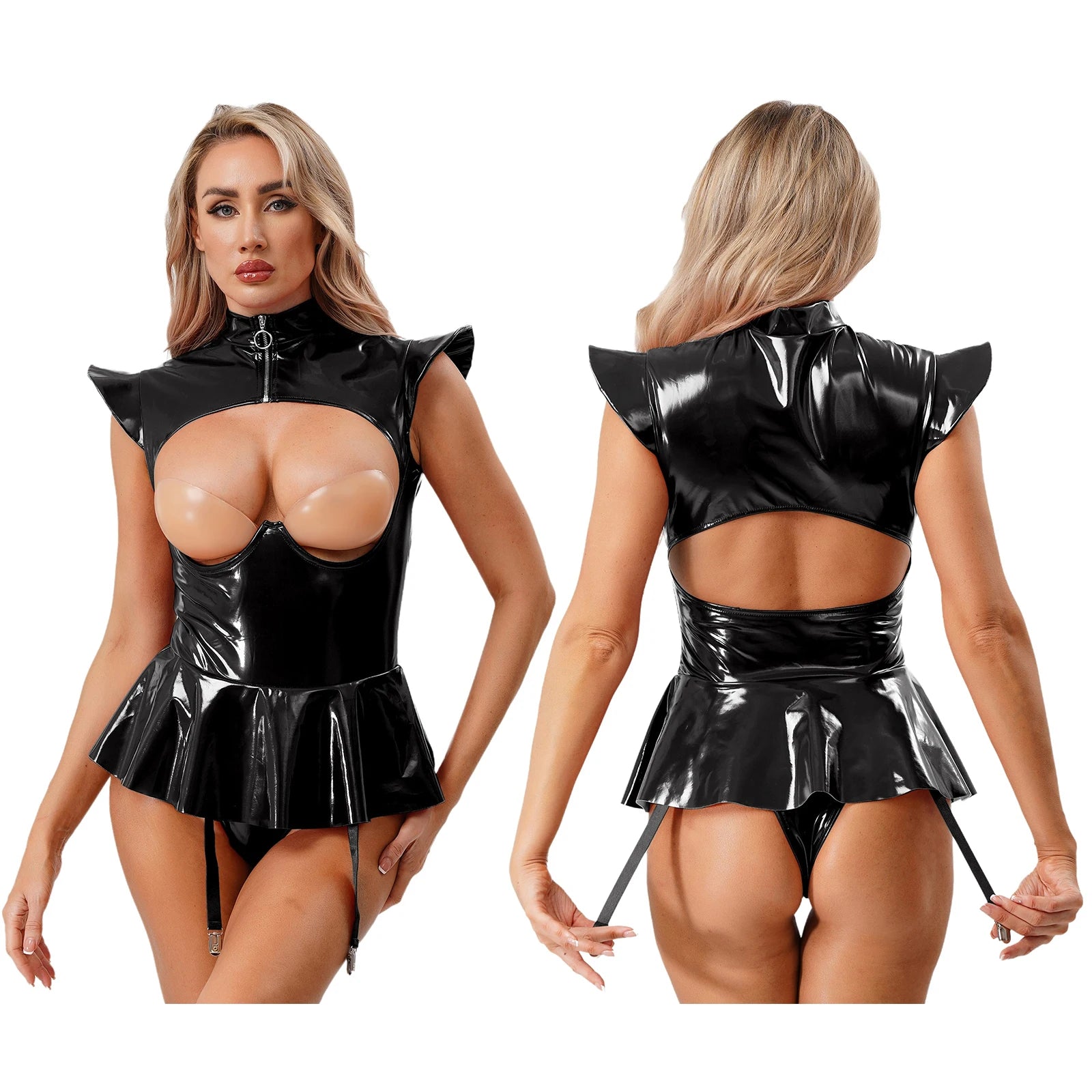 Women Lingerie PU Leather Tempting Bodysuit Breast Hollow Out Underwire Teddies Ruffled Hem Garters Jumpsuit Erotic Nightwear