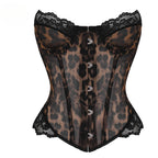 Women Leopard Lace Corset Wild Sexy Animal Print Bustier Sheer Mesh Built-in Boning Metal Busk  Slim Shapewear Party Club Top
