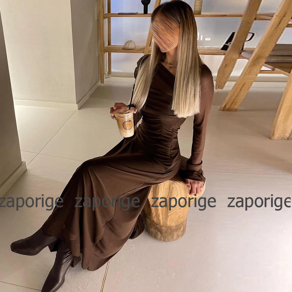 Saudi Charming Brown Dress Chiffon Ruched Draped Bespoke Occasion Gown Column&Sheath One-shoulder Long Dresses