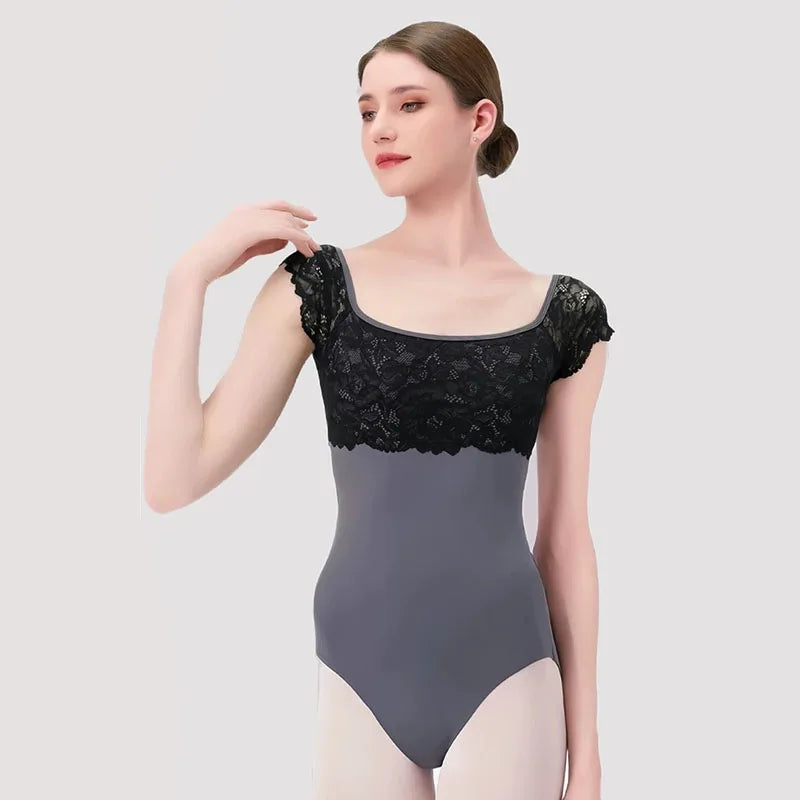 Ballet Leotards For Women Lace Adult Dance Gymnastics Leotard Square collar Back hollow out Dance Wear Short sleeve Bodysuit