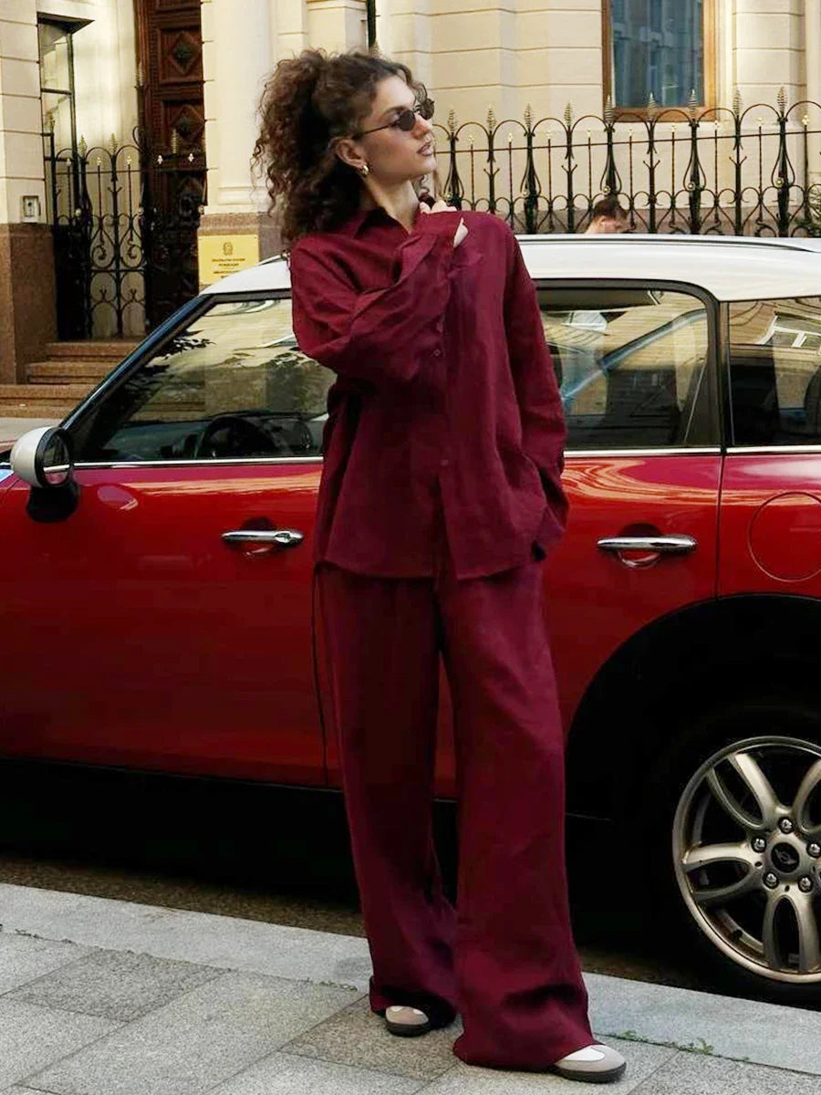 Women's Casual Solid Cotton Linen Pant Sets Chic Laple Single Breasted Long Sleeve Shirt Elasticity Waist Pant New Two Piece Set
