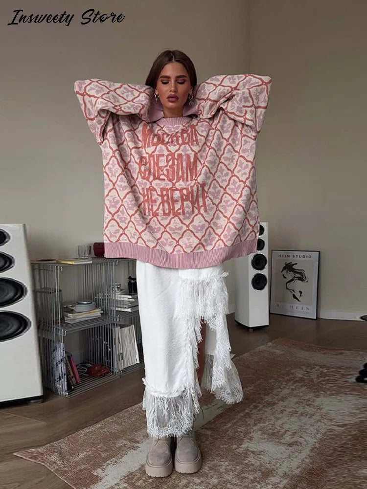 Fashion Letter Jacquard Knit Pullover Women Oversize Long Sleeve O-neck Classic Sweater 2026 Spring New Lady Casual Outerwear