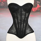 Women Mesh Corset Busiter Overbust Cups Push Breast Floral Lace Bodice Tansparent Strapless Crop Tops Lace Up Steel Boned Corset