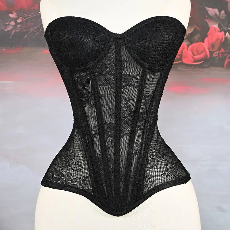 Women Mesh Corset Busiter Overbust Cups Push Breast Floral Lace Bodice Tansparent Strapless Crop Tops Lace Up Steel Boned Corset