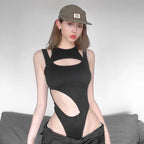 SylCue Irregular Hollow Design Bodysuit Woman 2026 Spring New Style o-Neck Sleeveless Skinny Stretch Street Sexy Fashion Bodycon