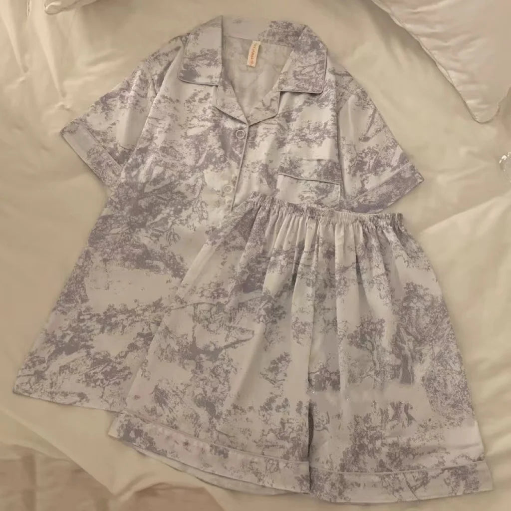 Women's Summer Faux Silk Pajama Shorts Set Casual Women's Short Sleeve Top and Shorts Home Clothes Flower Faux Stain Pajama Set