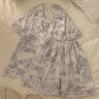 Women's Summer Faux Silk Pajama Shorts Set Casual Women's Short Sleeve Top and Shorts Home Clothes Flower Faux Stain Pajama Set
