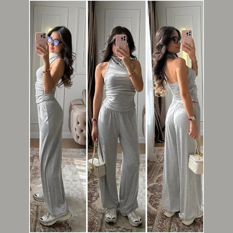 Halter Backless Two-Piece Set Fitted Bodice High Waist Wide Leg Pants 2026 Spring Fashion Elegant Office Casual Women Outfit